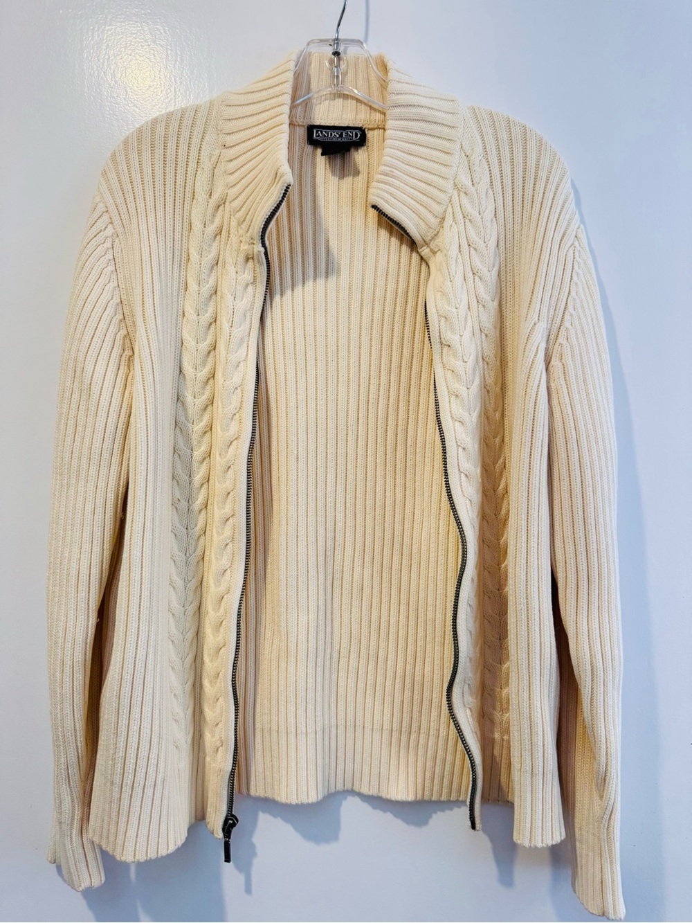 Vintage Lands' End Cream Cable-Trim Ribbed Zip Cardigan, made in Japan
Sz M